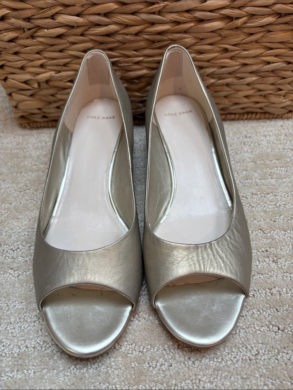 Cole Haan Metallic Gold Peep-Toe Wedge Heels Size 9.5 EUC